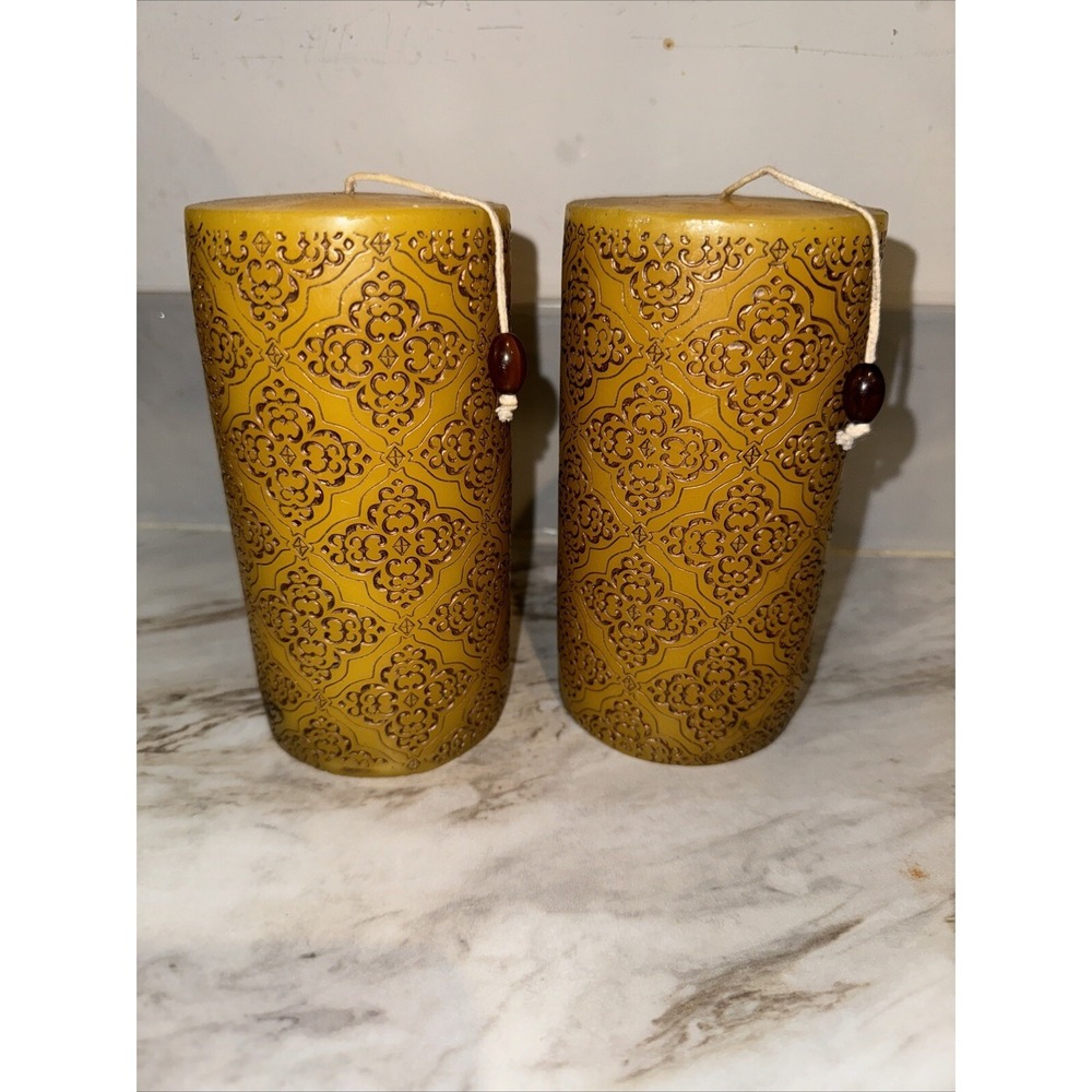 Vintage Mid Century MCM Yellow Gold Embossed Decorative Pillar Candles -2